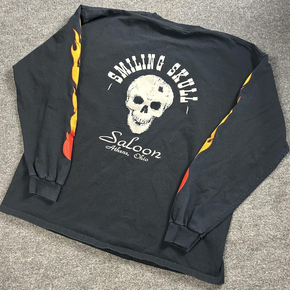 Smiling Skull Saloon Shirt Mens XL Black Flame Sleeve Biker Athens OH Graphic - Picture 4 of 5